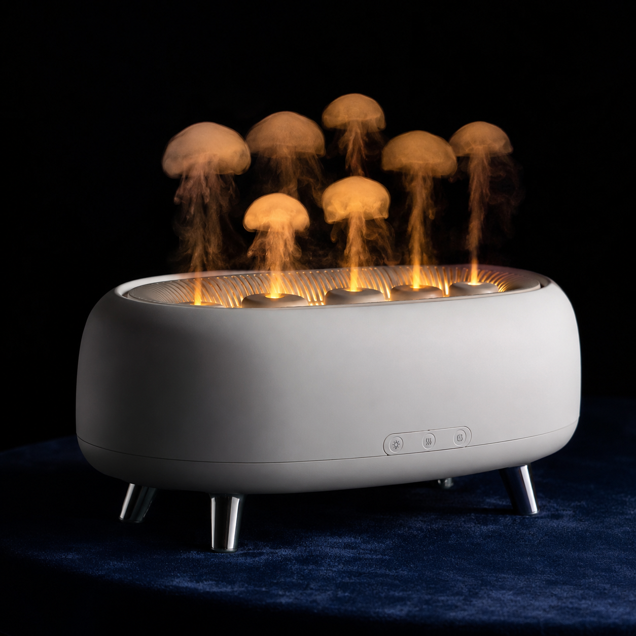 AURALIE Jellyfish Diffuser — studio close-up on midnight blue velvet: horizontal white pill body with four chrome legs, multiple translucent jellyfish-shaped mist columns rising from the top grille, warm amber internal LED glow illuminating the columns