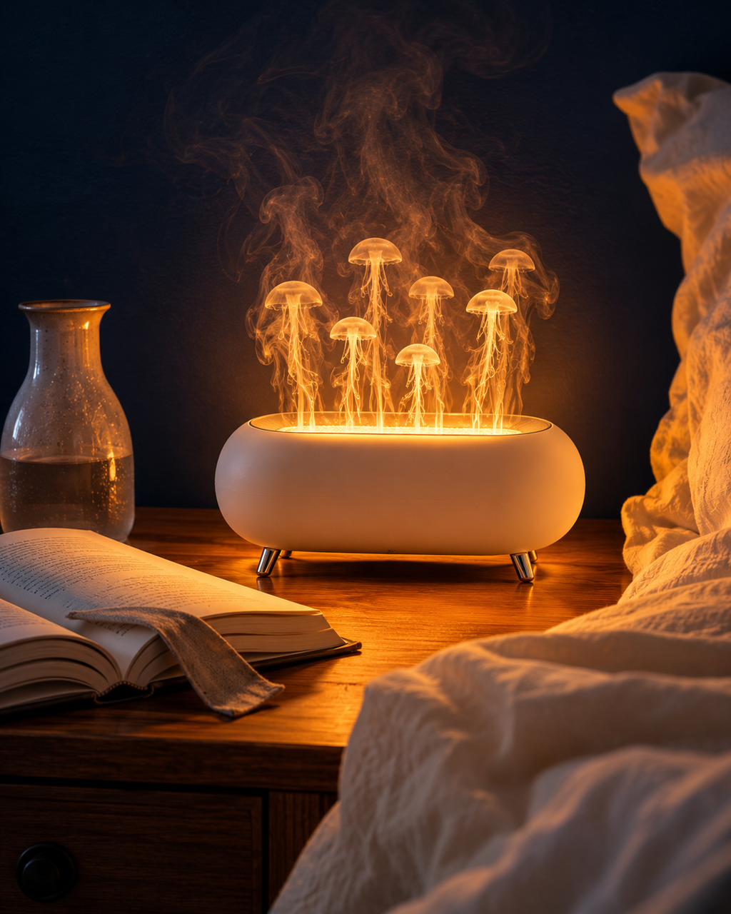 AURALIE Jellyfish Diffuser — close-up lifestyle: horizontal white pill body with multiple translucent jellyfish-shaped mist columns rising from the top, glowing warm amber from within, on a wooden nightstand beside an open book and a small ceramic carafe, deep midnight navy wall, white linens on the right